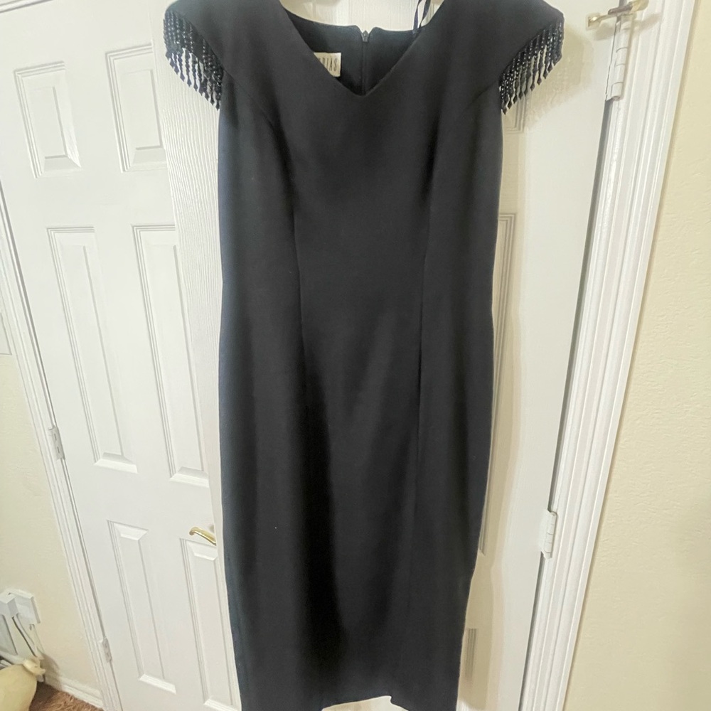 Elegant Black Beaded Sleeve Sheath Dress - Women